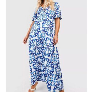 Boohoo Porcelain Print Puff Sleeve Maxi Dress - NWT - Size 16